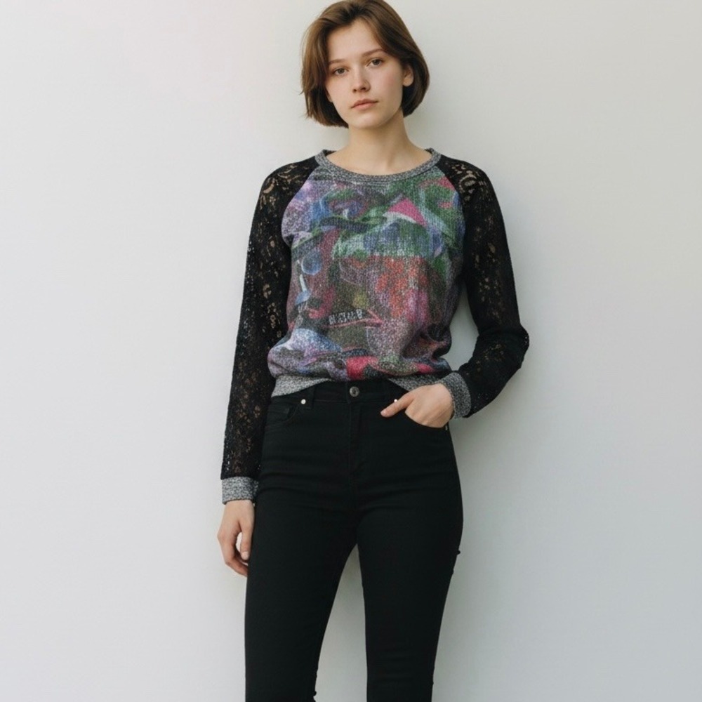 Custo Barcelona Womens Graphic Print Sequin Lace Sleeve Top Metallic Trim Size 3